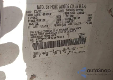 2003 Ford F-250 Lariat/Xl/Xlt из США, поврежденный, VIN 1FTNW20P93EB50614